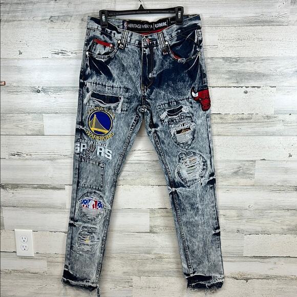 Heritage America UNK NBA Multi-Team All over Denim Jeans W34 X L34 - Picture 1 of 6
